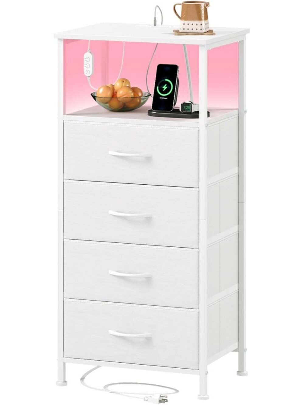 White Nightstand with Charging Station and LED Light for Bedroom, Tall 4 Drawers